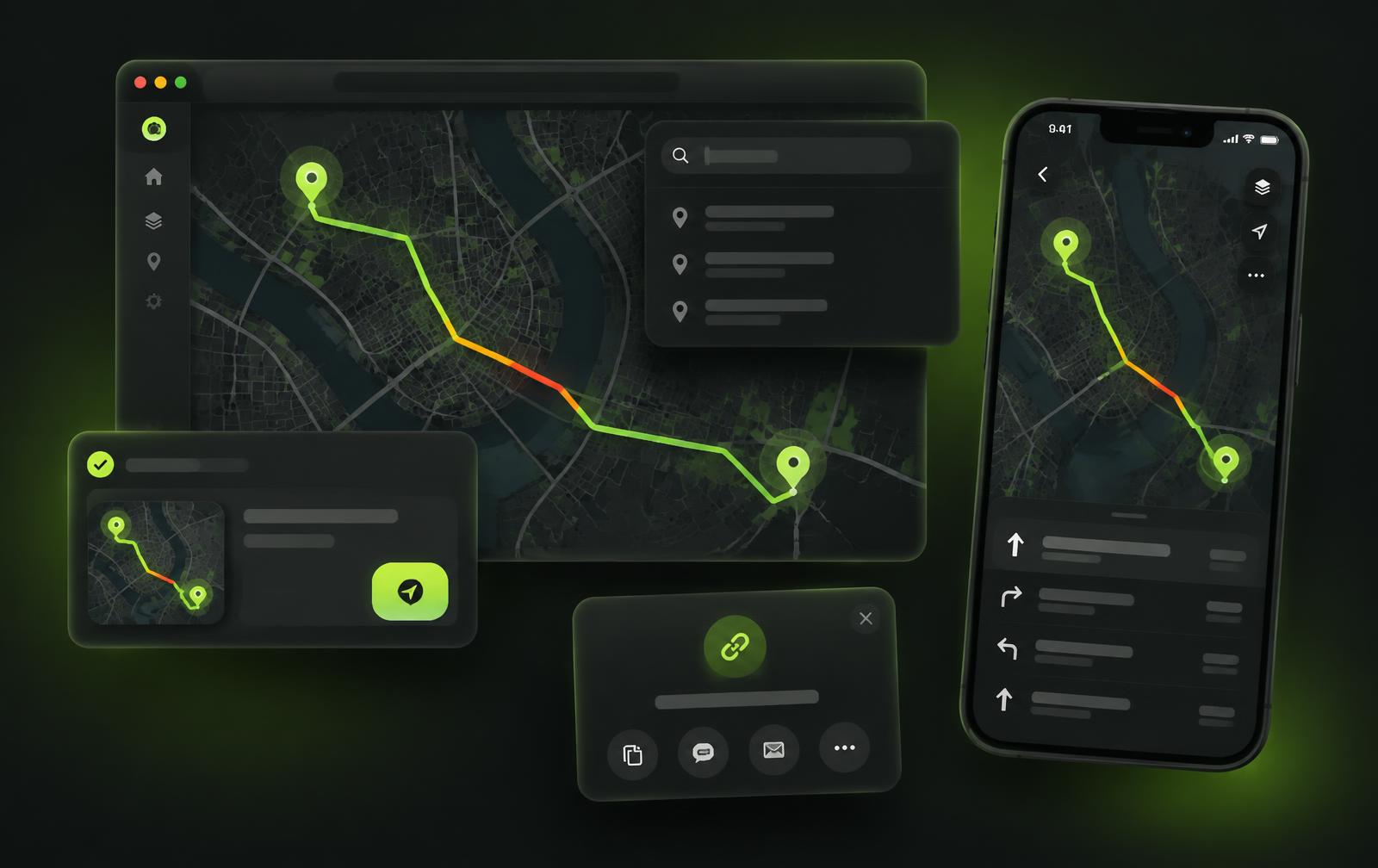 3ʙɪ Maps on desktop and phone: a dark map with a lime driving route and a live-traffic slowdown, place search suggestions, a booking card with a mini map and directions button, a share sheet and turn-by-turn steps.